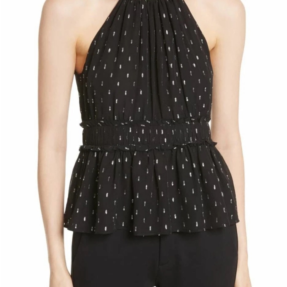 JOIE Shawnette SILK Black Silver Metallic Halter Peplum top $228